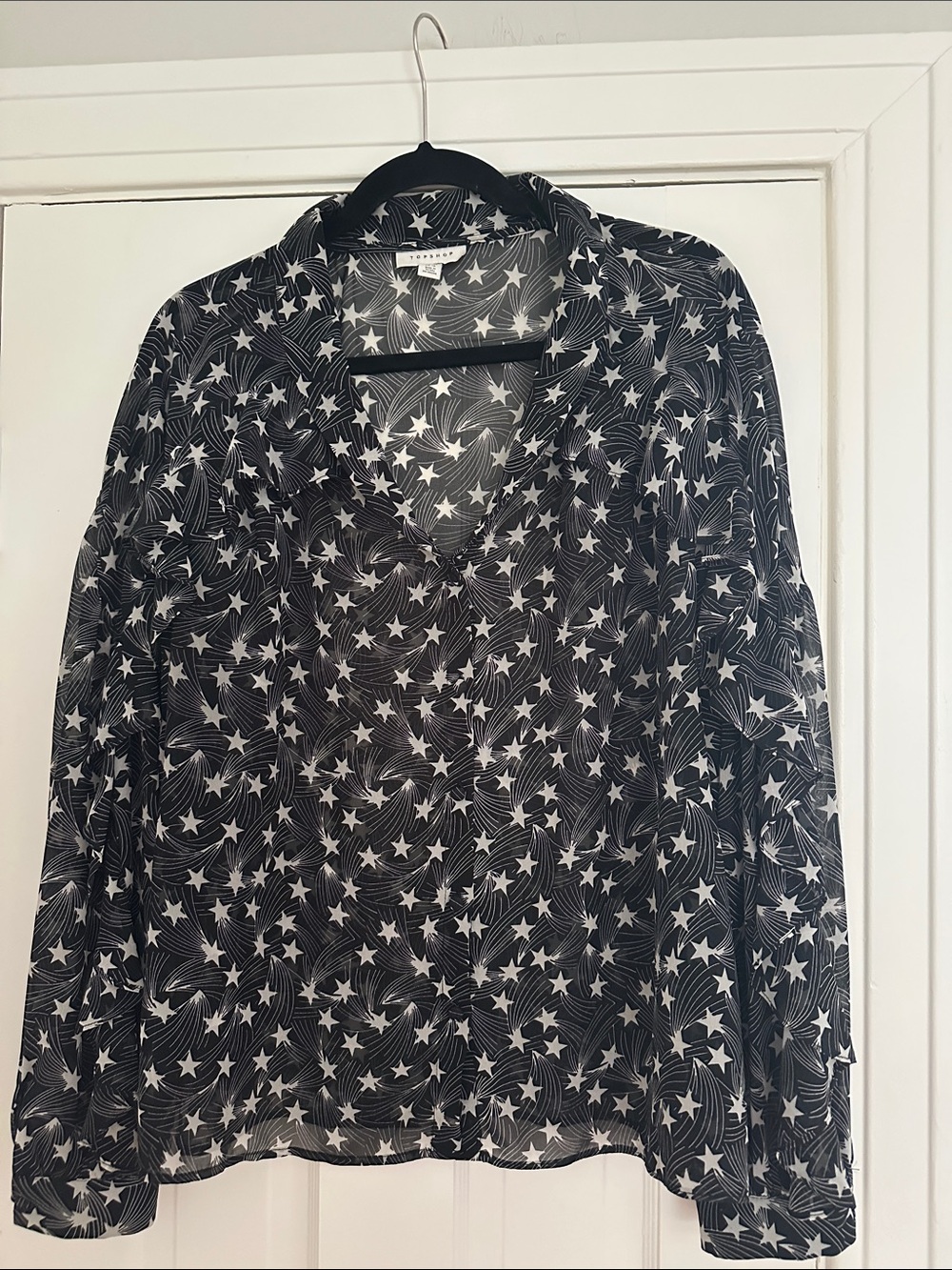 Topshop Womens Black Star-Print Button Front Blouse